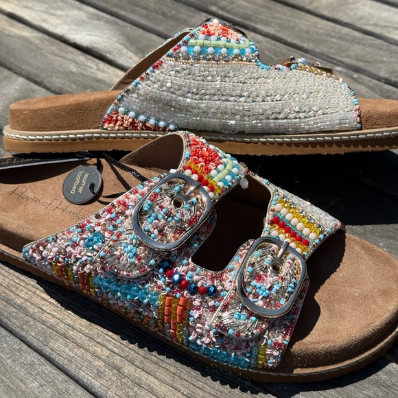 レインボー NWT House of Harlow 1960 Beaded Slides Sandals Multicolor Rainbow